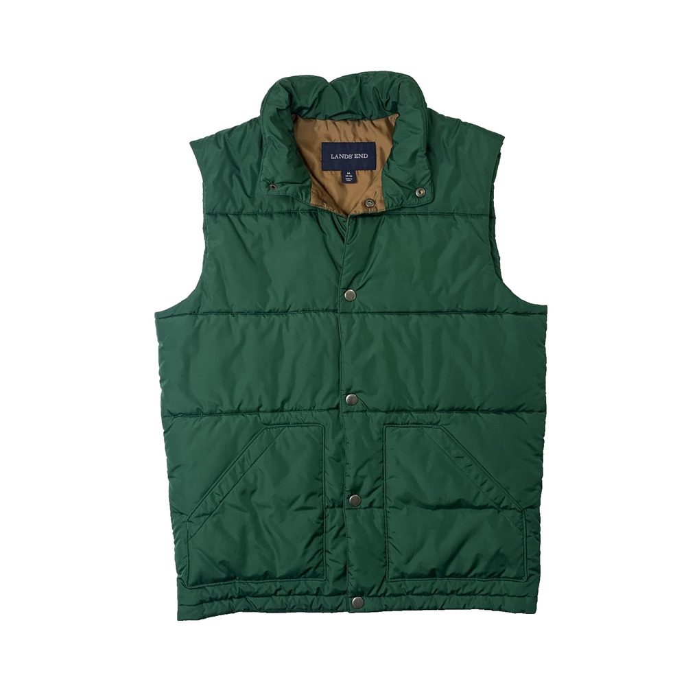 Lands End Vest Mens Medium Pesto Green Insulated Quilted Sleeveless Snap Button